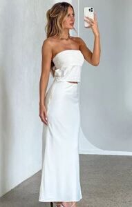 ReneeC. White Satin Midi Skirt High Waist Slit Sexy XS